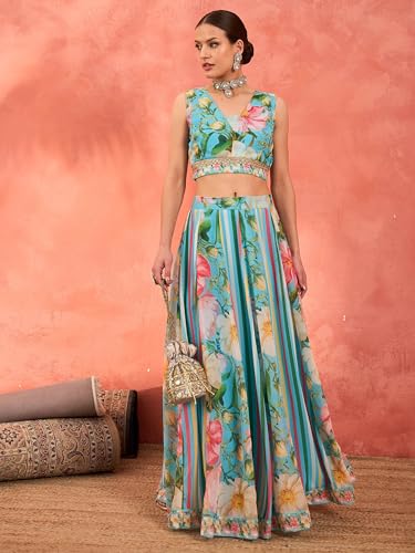 Shae by SASSAFRAS Women's Georgette Lehenga Choli (SHSET96357_Blue_XXL)