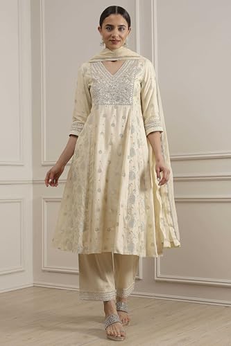Biba Women's Natural White Silk Straight Yarndyed Suit Set