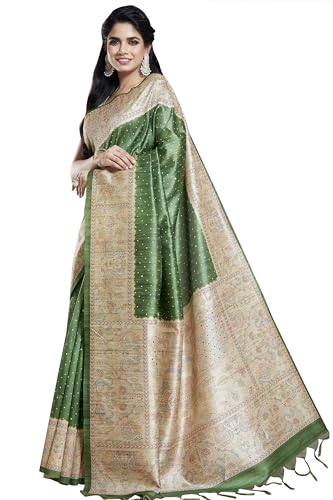 RANI SAAHIBA Women's Printed Art Tussar Silk Madhubani Saree With Blouse Piece (SKR11665_olive Green)