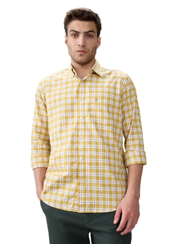 Raymond Men Regular Fit Checks Pattern Pure Cotton Button Down Collar Full Sleeve Casual Shirt Yellow