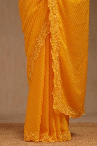Soch Womens Yellow Georgette Leheriya Print Saree With Thread Work