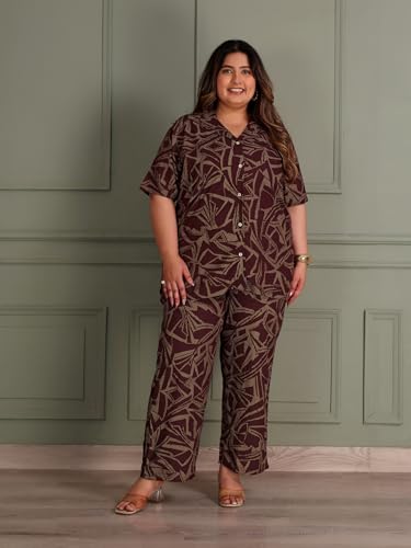 TITTLI Women All-Over Printed Rayon Shirt & Pyjama Nightsuit | Shirt Collar & Short Sleeves | 2 Pockets and Elasticated Waist Pyjama | Comfortable Plus Size Nightsuit Wine
