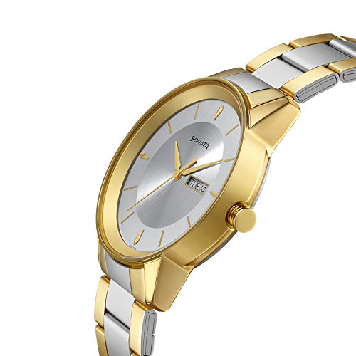 Sonata Quartz Analog With Day & Date Silver Dial Two Toned Silver & Gold Stainless Steel Strap Watch for Men - NT7133BM03