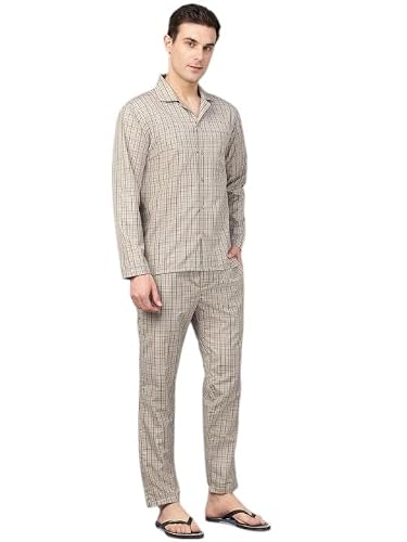 English Navy Men Checked Night Suit Khaki S, Ideal for Daily Loungewear and Sleepwear, Gentle on Skin for All Night Comfort, Machine Washable Easy Care Fabric