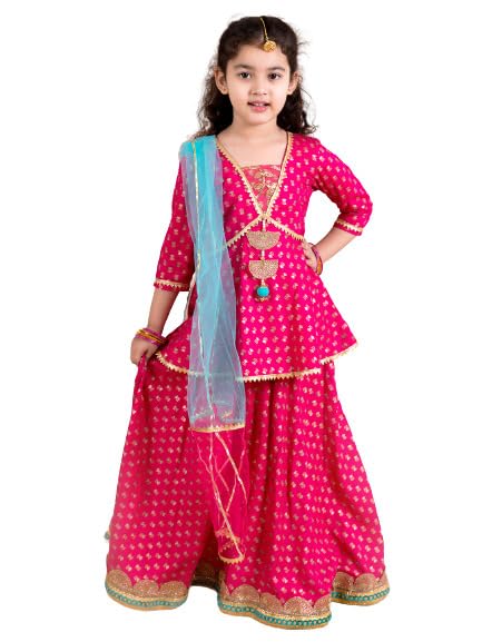 Pspeaches Girls Magenta Blue Printed Ready To Wear Lehenga Blouse With Dupatta (Pink-5-6Y)