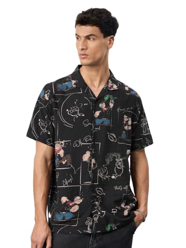 The Souled Store Popeye: Scribble Men and Boys Short Sleeves Collared Neck All Over Printed Viscose Blend Regular Fit Lightweight Casual Holiday Shirts