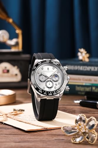 London Fog Bond Collection Analog Quartz Watch for Men with Silver Dial and Black Silicone Strap, Metal Case with Tachymeter Bezel, Chronograph Function, Date Display, LFM10003-02