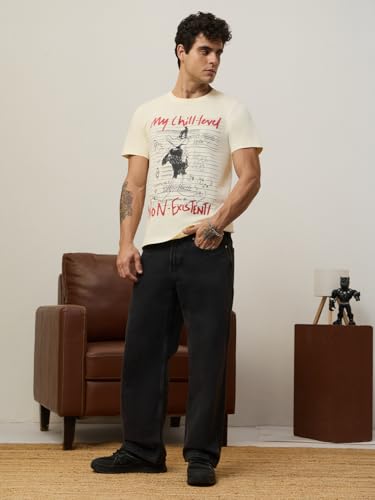 The Souled Store Looney Tunes: My Chill Level Men and Boys Short Sleeves Round Neck Off White Graphic Printed Casual Lightweight Streetwear Trendy T-Shirts