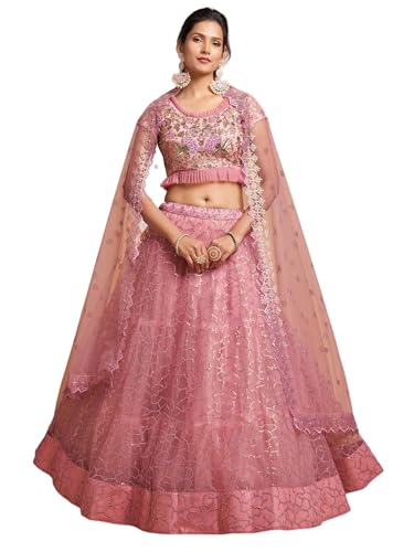 Zeel Clothing Women's Net Embroidered Semi-Stitched Bridal New Lehenga Choli with Dupatta (7313-Pink-Wedding-Girlish-Lehenga-Choli; Free Size)