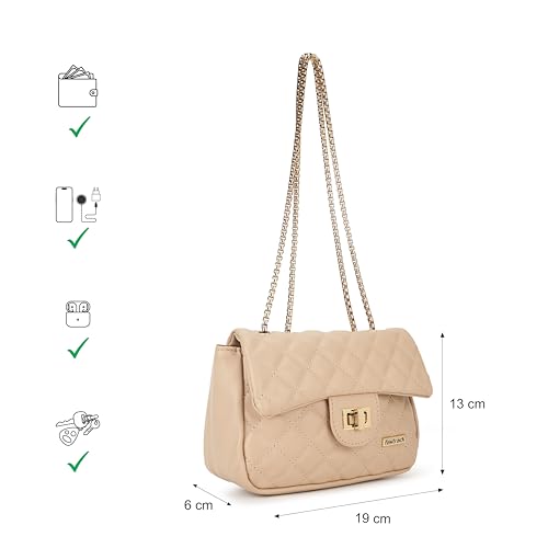 Fastrack Nude PU Structured Quilted Sling Bag for Women | Polished Quilted Chic Exterior | Chain Crossbody