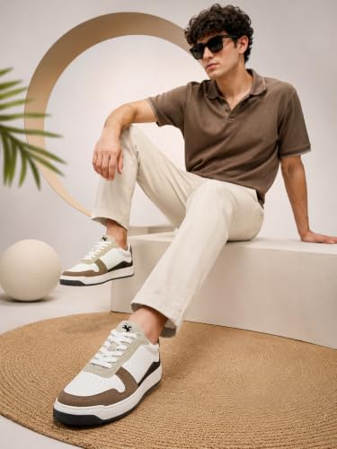 Cantabil Men's White & Beige Colourblock Casual Sneakers