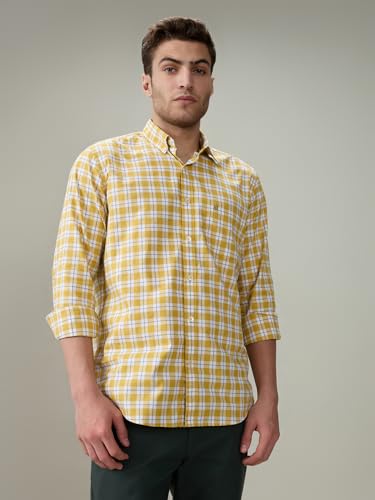 Raymond Men Regular Fit Checks Pattern Pure Cotton Button Down Collar Full Sleeve Casual Shirt Yellow