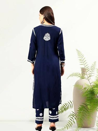 Seva Chikan Hand Embroidered Lucknowi Chikankari Navy Blue Rayon Kurta & Palazzo Set for Women (8108_Navy Blue_XS)