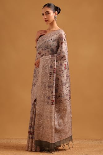 Soch Womens Beige Tussar Kantha Embroidered Warli Saree