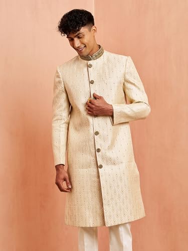VASTRAMAY Men Cream Silk Sherwani - Maroon Motif Mandarin Collar Cutdana Work Wedding