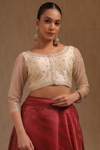 Soch Women's Tussar Embroidered Three Quarter Sleeves Regular Fit Blouse (BLFSJQD00739_Cream 40)