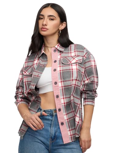 The Souled Store Plaid: Olive, Red, White Women and Girls Long Sleeves Collared Neck Button Front Cotton Oversized Shackets