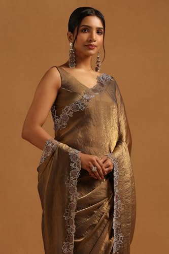 Soch Womens Olive Fendy Organza Saree With Swarovski Stone