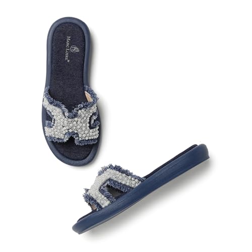 Marc Loire Women Embellished Denim Casual Flats | Slip-On Open Toe Chappals | Indian Smart Sandals with Comfortable Sole (Blue, UK Footwear Size System, Adult, Women, Numeric, Medium, 4)