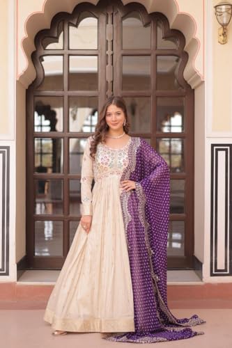 Forteo Fashion Women Cosmos Weaving Jequard with Pearl Beads Embroidered Work Gown with Duppata Set Gown | Festival Wear (in, Alpha, 2XL, Regular, Purple)