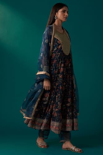 Wishful Women's Teal Floral Printed Metallic Embroidery Anarkali Kurta with Parallel Pants and Dupatta Set (SP12625-125648-M)