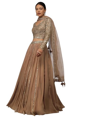 Zeel Clothing Women's Sequins Zari Embroidered Georgette Lehenga Choli With Dupatta (7090-Women-Lehenga-Choli-Latest; Free size) (Beige)