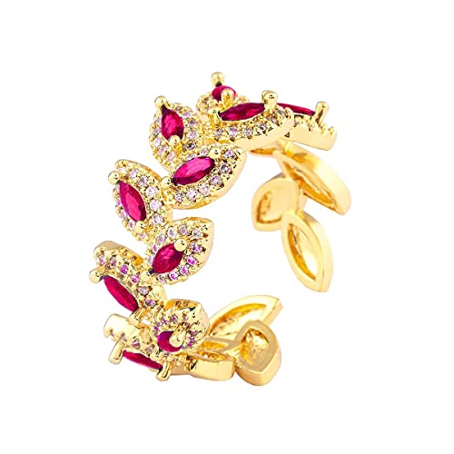 Zivom® Floral Leaf Pink Cubic Zirconia 18K Gold Copper Anti Tarnish Open Back Ring Women