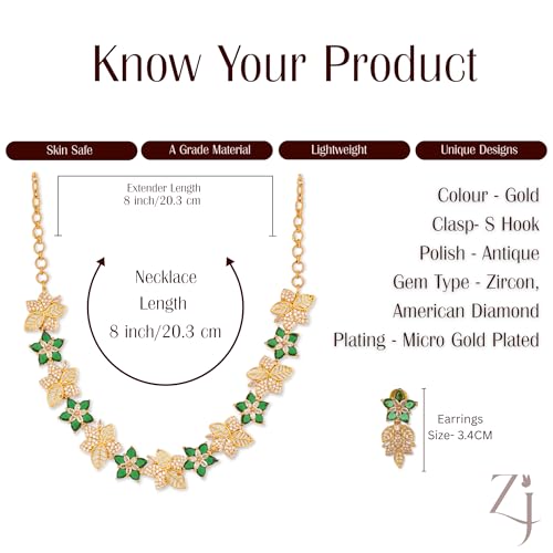ZYRA JEWELS Floral Choker Necklace Set and Earrings, American Diamond & Austrian Zircon Studded Micro Gold Plated Antique Polished Jewellery Set For Women and Girls (Emerald Green)