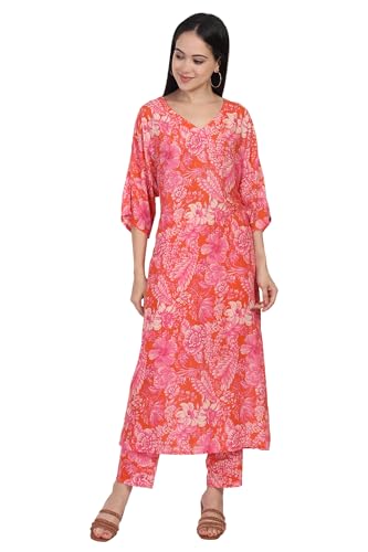 W for Woman Orange Floral Printed Kaftan Modal Kurta with Pant (WS13911-127597-L)