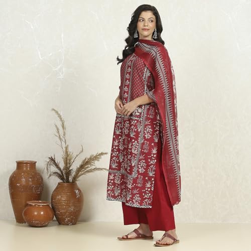 Biba Women Green-Maroon Cotton Unstitched Suit Set_Free Size