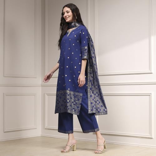 Biba Women's Blue Cotton Straight Printed Suit Set