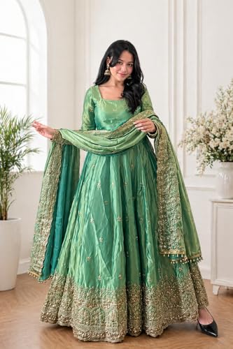 Women’s Embroidered Green Anarkali Dress with Dupatta