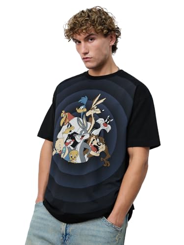 The Souled Store Looney Tunes: Going in Circles Men and Boys Short Sleeves Round Neck Black Graphic Printed Cotton Oversized T-Shirts
