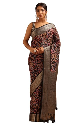 Soch Womens Black Silk Blend Botanical Saree