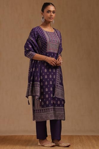 Soch Womens Purple Viscose Blend Ethnic Motifs Suit Set With Mirror And Cutdana