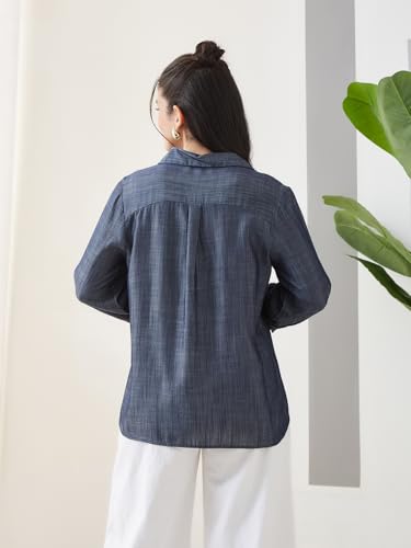 Latin Quarters Women Blue Solid Full Sleeves Casual Shirt_XL