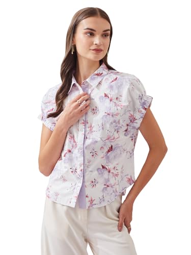Latin Quarters Women's White Short Sleeves Collared Casual Printed Shirt_S