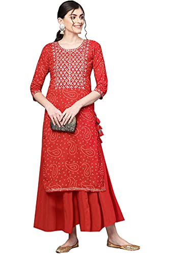 Ishin Women's Cotton Regular Kurta (KpramMp-956_M_Red_Medium)