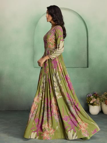 madhuram textiles Women's Rayon Print with Hand Embroidery Work Anarkali Long Gown(M-2543 Mehndi(Green)_Large)