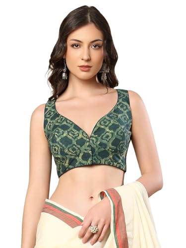 S SALWAR STUDIO Green Ajrak Sweetheart Neck Sleeveless Readymade Saree Blouse