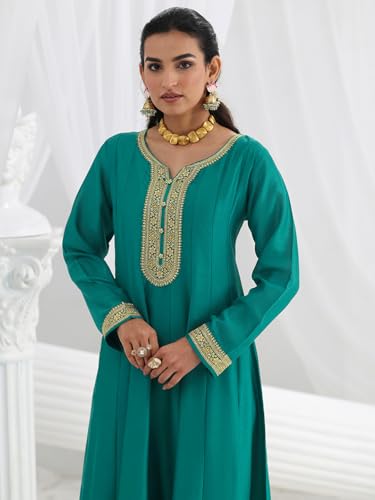 Libas Embroidered Silk Blend A-Line Ethnic Dress with Dupatta-93606XL Green
