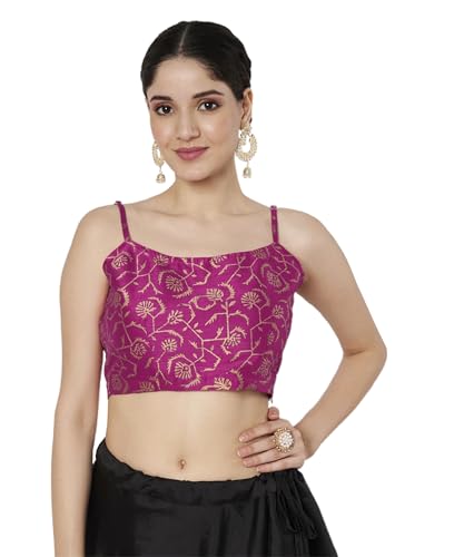 studio rasa Women's Dupion Hand Block Printed Spaghetti Readymade Blouse for Festive Wedding Party (TPWC725BL81_Pink_Small)