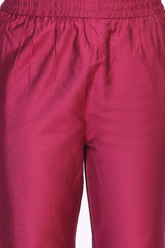 W for Woman Pink Ethnic Motifs Zari Embroidered A-Line Jacquard Kurta with Straight Pant and Dupatta Set (WS13239-314442-S)