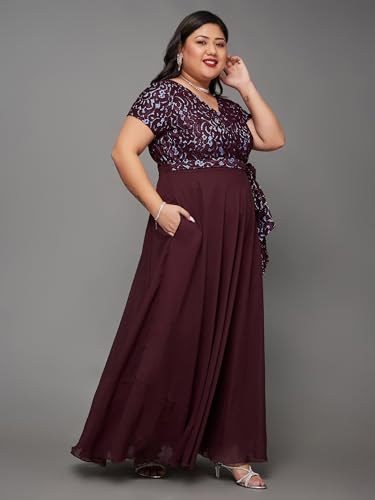 Miss Chase A+ Women's V-Neck Short Sleeve Self Designed Lace Overlaid Maxi Dress (APSS22D13-62-713-07, Cabernet Wine, 2XL)