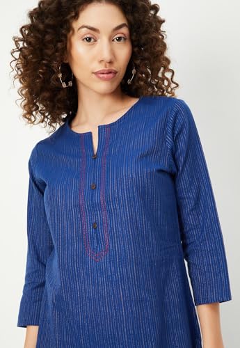 Max Cotton Blend Women Striped Regular Fit Straight Kurta (PKBL41001BLUE)_Medium