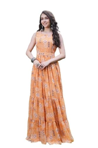 ODD BY chansi TRENDZ Women's Sleeveless Printed Maxi Gown, Beige Floral Pattern, Floor Length Dress (in, Alpha, M, Regular, Orange)