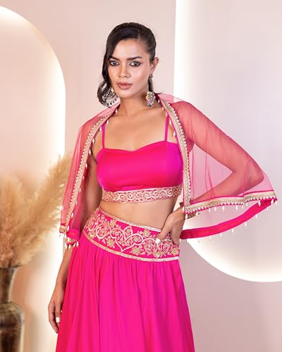 The Behruz Theory Hot Pink Hand-Embroidered Cape Lehenga Set (Pink, Extra Large)