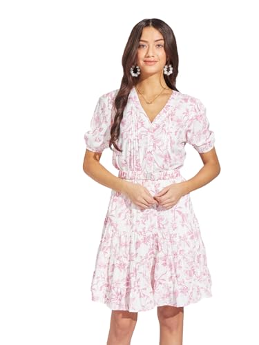 Latin Quarters Women Pink Floral Printed Mini A-Line Dress | V-Neck | Half Sleeves | Button Closure