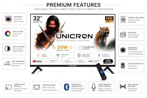 UNICRON 32 Inch Frameless Smart LED TV | Voice Control Android Smart TV | Bluetooth, WiFi, Screen Mirroring | HD Ready Display | HDMI, USB Connectivity | Smart Television for Home | Premium A+