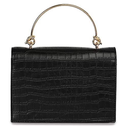 Fastrack Women's Croco Textured Satchel with Dainty Metal Handle, Detachable Sling Strap & Button Closure, Black